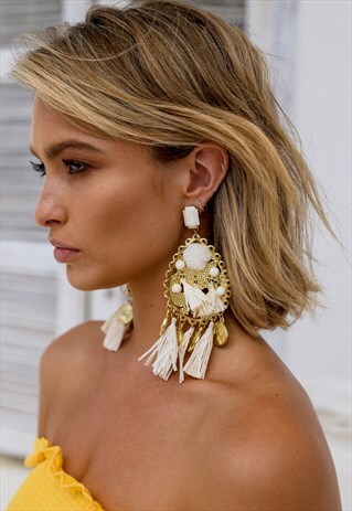 CREAM/GOLD TASSEL AND COIN EARRINGS