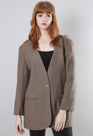 VINTAGE 80S BEIGE TWEED LONG BLAZER JACKET
