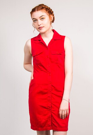90'S VINTAGE RED BUTTON FRONT DENIM DRESS
