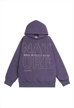 Embellished hoodie nature slogan pullover old wash punk top