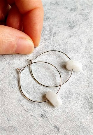 MINI SNOW QUARTZ GEM STONE HOOP EARRINGS