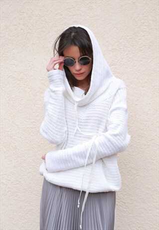 HANDMADE ASYMMETRICAL SWEATER KNITWEAR LOOSE HOODED F1555