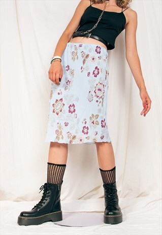 VINTAGE SKIRT Y2K FAIRY MIDI IN PASTEL BLUE FLORAL