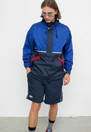 BLUE NYLON OUTDOOR HOODED WINDBREAKER QUARTER ZIP JACKET