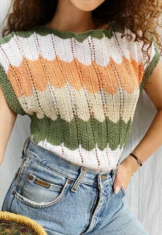 VINTAGE 70S CHEVRON MOD CROCHET KNIT HAUTE BOHEME BLOUSE TOP