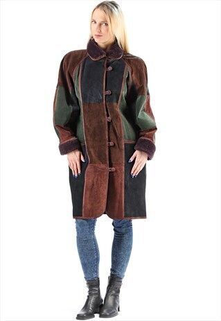 SHEEPSKIN COAT COLORBLOCK SUEDE COAT