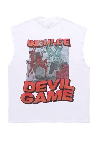 DEVIL PRINT SLEEVELESS T-SHIRT GRUNGE TANK TOP SURFER VEST 