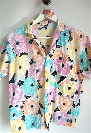 Vintage Women's Pastel Flower Blouse Short sleeve Shirt