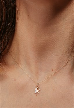 Solid Yellow Gold Diamond "R" Initial Pendant Necklace