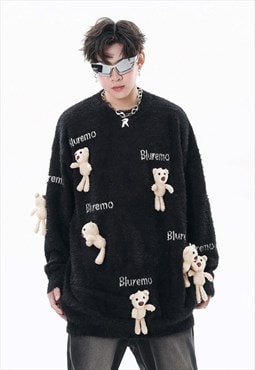 Teddy sweater bear patch jumper knitted Kawaii top in black