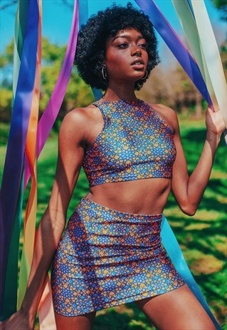 BLUE & ORANGE HIGH WAIST MINI SKIRT