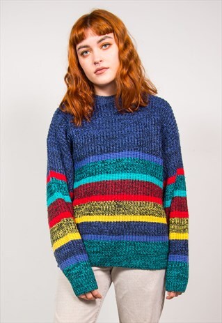 VINTAGE 90'S MULTICOLOUR STRIPED FISHERMAN KNIT JUMPER