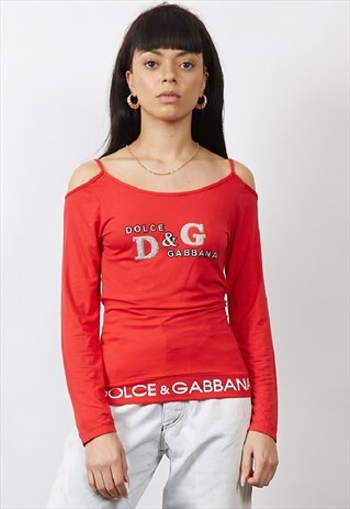 VINTAGE Y2K D&G RED COLD SHOULDER GLITTER LOGO TOP