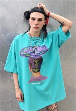 Futuristic raver t-shirt Alien skinhead print tee in blue