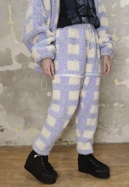 Tartan fleece joggers detachable handmade check overalls 