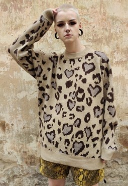 Leopard sweater animal heart print top spot jumper in brown