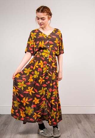VINTAGE 90'S BROWN FLORAL PATTERN MAXI DRESS