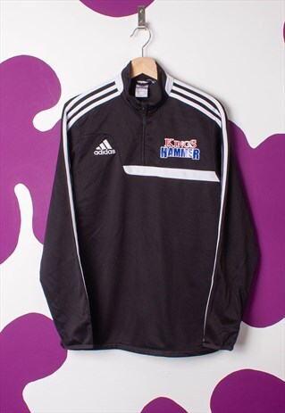 VINTAGE ADIDAS BLACK QUARTER ZIP VARSITY SWEATSHIRT
