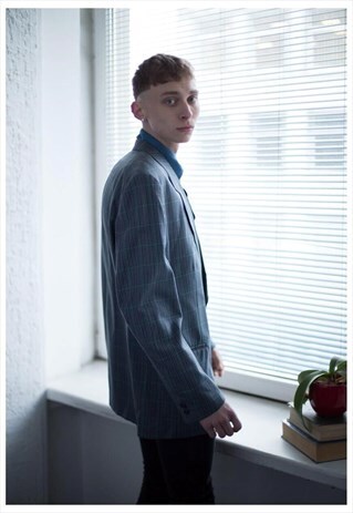 VINTAGE 80'S GREY/BLUE CHECK WOOL BLAZER