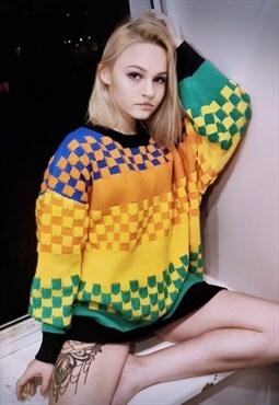 SKA check sweater 3D knitwear jumper in tartan Y2K rainbow