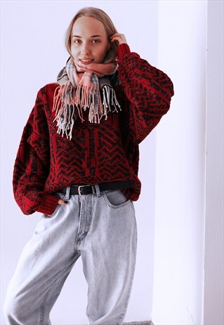 80'S RETRO ABSTRACT PATTERN OVERSIZED KNIT JUMPER TOP