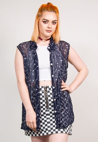 90'S VINTAGE NAVY LEAF PATTERN SLEEVELESS SHEER SHIRT