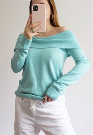 Y2K NEXT BLUE OFF SHOULDER KNITTED LONG SLEEVE TOP