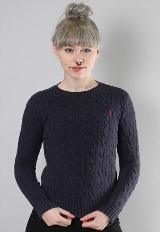 VINTAGE 90S RALPH LAUREN BLUE CABLE KNIT CREW NECK JUMPER