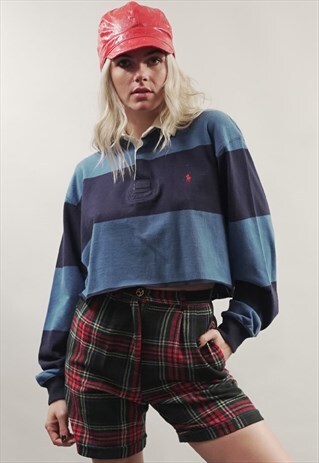 VINTAGE RALPH LAUREN REWORKED BLUE STRIPED CROP POLO TOP
