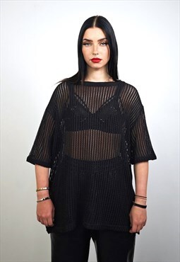 Mesh t-shirt black transparent top Gothic blouse half sleeve