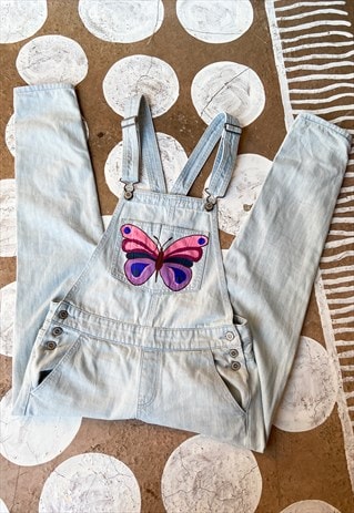 RE-WORKED PAINTED PURPLE BUTTERFLY LIGHT WASH DUNGAREES - XS