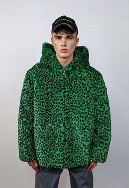Hooded faux fur leopard jacket animal print bomber in green