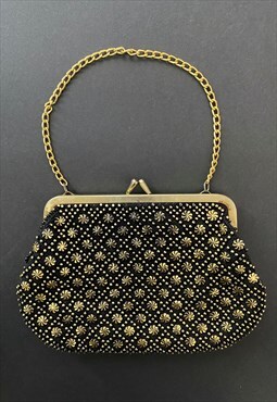 50's/60's Vintage Black Handbag Gold Chain Beaded Studded