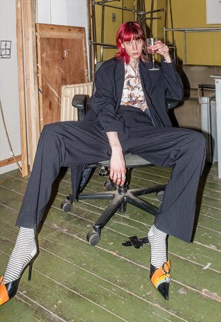 90's Vintage oversized pinstripe trousers suit in navy black