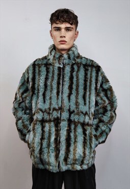 Tie-dye faux fur jacket striped coat grunge fleece bomber 