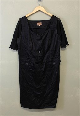 Vintage Y2K Midi Dress Black With Mesh Sleeve Button Up 