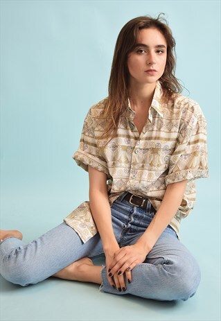 90'S RETRO ETHNIC PRINT FESTIVAL OVERSIZED DADS BLOUSE TOP