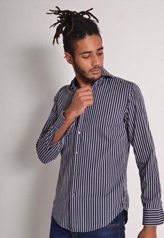 VINTAGE HUGO BOSS MENS STRIPED SHIRT BLACK