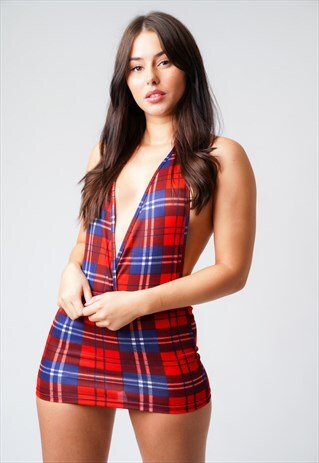 RED TARTAN CHECK BACKLESS MINI DRESS