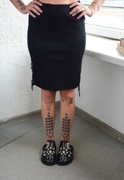 Vintage Y2K Black Textured Stretchy Midi Skirt