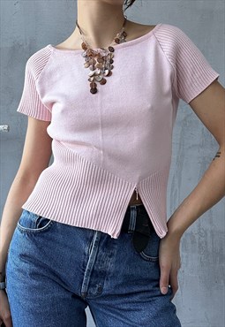 Vintage 90s 00s Classy Baby Pink Chunky Short Sleeve Jumper