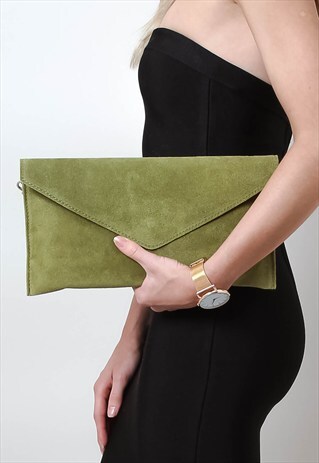 OLIVE SUEDE ENVELOPE CLUTCH BAG