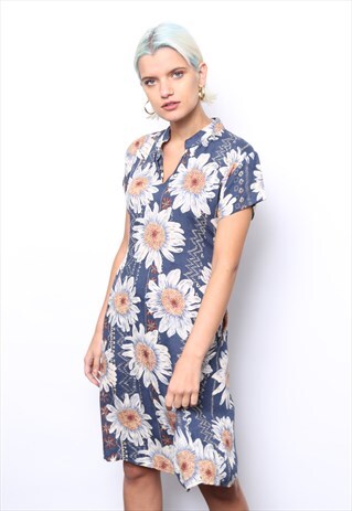 VINTAGE 90S BLUE DAISY FLORAL PRINT MINI DRESS