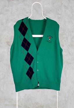 Vintage Golf Patterned Vest Cardigan Lambswool St Andrews XL