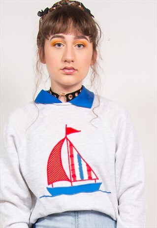 90'S GREY BOAT EMBROIDERED COLLAR SWEATSHIRT
