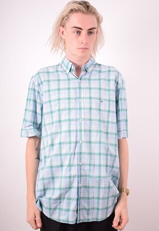LACOSTE MENS VINTAGE SHIRT LARGE BLUE CHECK 90S