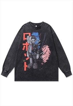 Anime t-shirt vintage wash robot print top long tee in grey