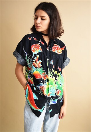 90'S RETRO HAWAII PRINT OVERSIZED BLOUSE TOP