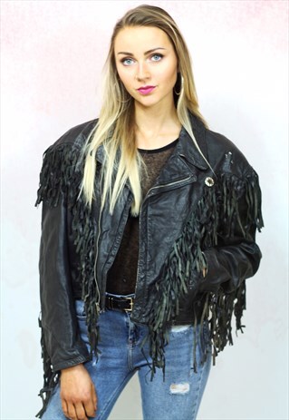 1980S VINTAGE BLACK REAL LEATHER FRINGE JACKET