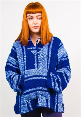 VINTAGE 90'S BLUE STRIPED PATTERN BAJA JUMPER HOODIE